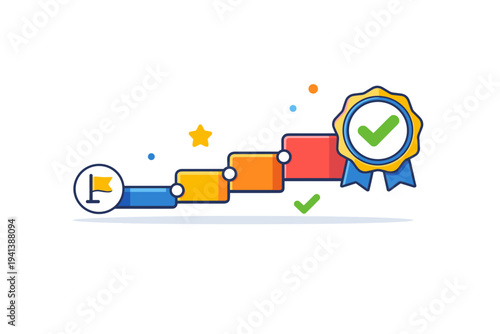 Gamification progress bar for task completion shown as segmented steps leading toward a checkmark badge, conveying structure, momentum, and small wins along