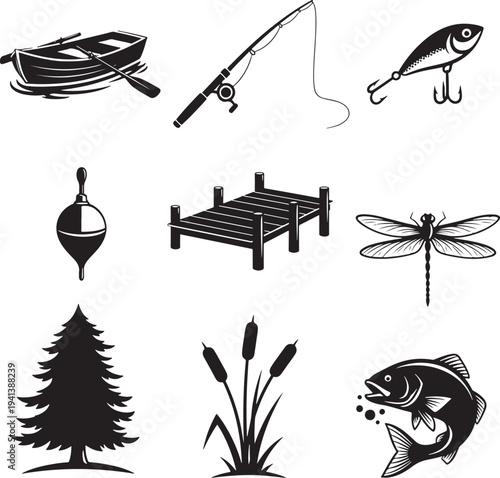 Black and White Fishing Icons Set with Boat, Fish, and Tackle