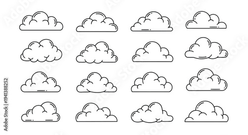 Collection of twelve simple line-drawn cloud shapes in a grid layout