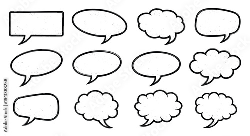 Collection of various hand-drawn black speech and thought bubbles in different shapes and styles with a subtle texture on white.