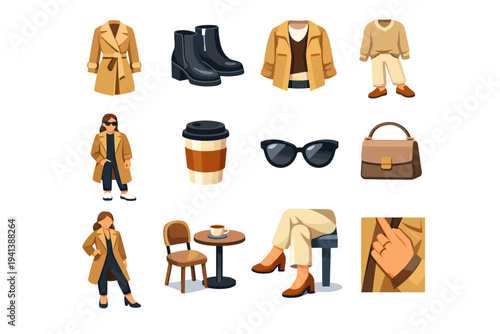 Modern Outfit. Colorful flat vector icons set of Modern Outfit: trench coat fashion, boots close-up, layered clothing, neutral palette outfit, stylish person,