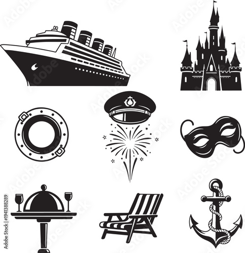 Black and White Cruise Vacation Icons Set