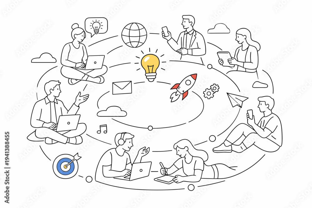 Naklejka premium Open Innovation Network. People positioned in a circular layout, connected through devices and idea symbols. The scene feels modern and dynamic, showing ideas