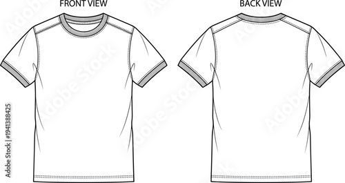 T-shirt technical illustration vector fashion apparel garment construction design graphics, crew neckline short sleeve concept, black and white creative art collection