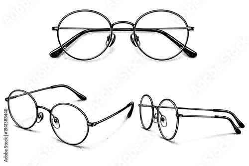 Eyeglasses ? round metal frames. A realistic pair of round metal eyeglasses presented as one consistent object in three different views, emphasizing thin rims,