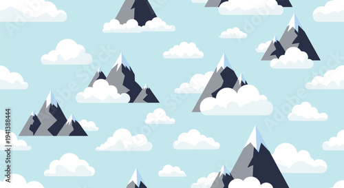 Seamless pattern featuring various snowy mountain peaks surrounded by fluffy white clouds in a clear light blue sky for nature themes.
