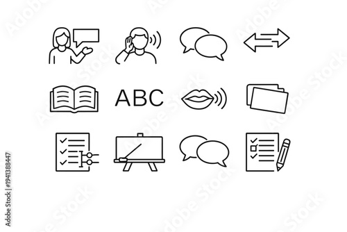 Teaching Languages. Line icon set of Teaching Languages: language teacher, student listening, speech bubble, translation arrows, open book, alphabet letters,