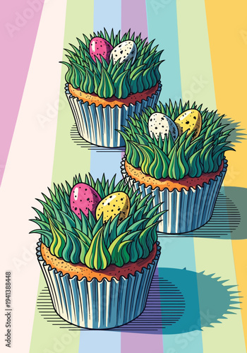 Three cupcakes topped with green grass frosting and speckled easter eggs
