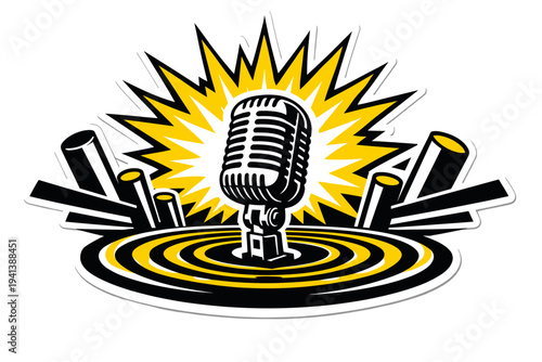 Black and white retro microphone centered dramatically, surrounded by explosive yellow starburst rays and circular ripple waves spreading outward, geometric