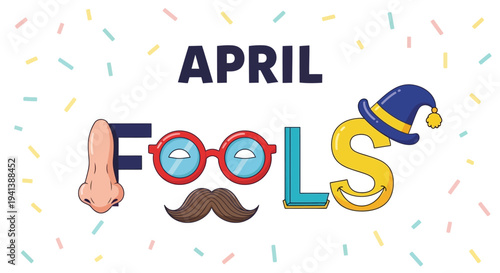 Colorful april fools' day graphic with confetti and humorous facial features