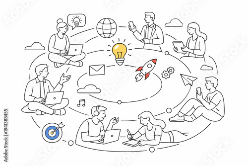 Open Innovation Network. People positioned in a circular layout, connected through devices and idea symbols. The scene feels modern and dynamic, showing ideas
