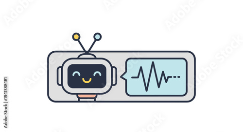 Cute cartoon robot head inside a frame next to a light blue speech bubble containing a pulse or heartbeat line illustration.