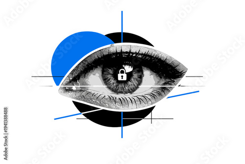 A black-and-white retro photograph of a human eye enlarged and centered, cut-out with a subtle white outline, partially overlapped by a bold geometric circle