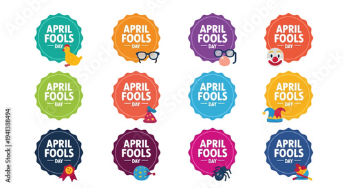Colorful april fools' day stickers with humorous illustrations on white background for prank messages