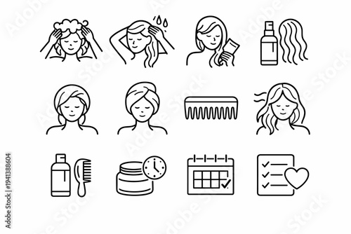 Hair Care Routine. Line icon set of Hair Care Routine: gentle washing, rinsing hair, applying conditioner, leave in treatment, hair mask, towel drying, wide