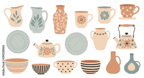 Hand-drawn ceramic pottery and kitchenware collection in earthy tones including teapots, cups, bowls, and vases on a white background.