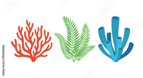 Red coral, green seaweed, and blue sea sponges illustration set representing underwater marine life isolated on a plain white background.