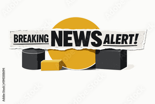 Black and white torn newspaper headline strip stretched horizontally, mixed font weights and sizes, bold mustard yellow circular frame partially hidden behind