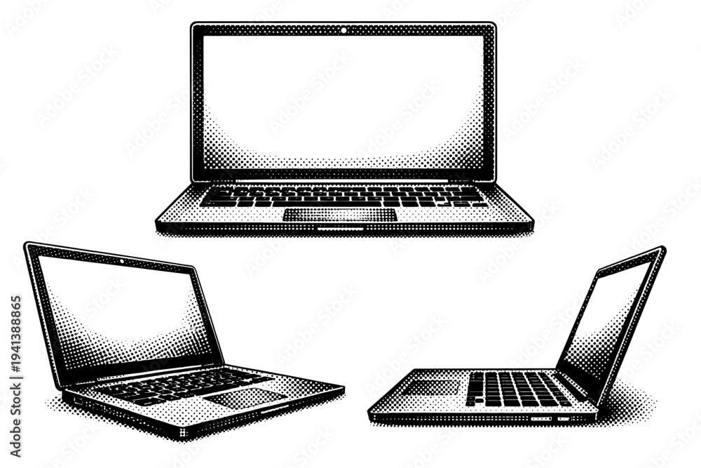 Fototapeta premium Open laptop represented as a realistic notebook computer with visible screen bezel, keyboard layout, and trackpad, shown as one object. Black and white dot