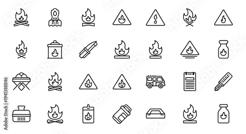 Collection of camping and outdoor safety icons with tools and equipment symbols