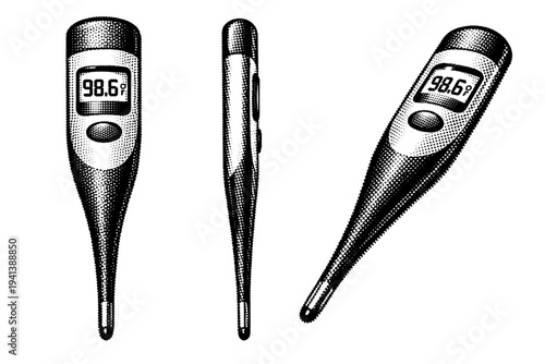 Digital thermometer A handheld digital medical thermometer with display screen and slim probe tip, presented in front view, side profile view, and slightly