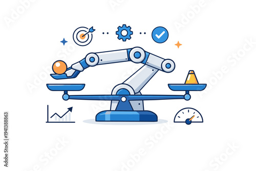 Precision engineering mindset focused on control and optimization. A calm editorial illustration expressing reliability and performance through a robot arm in