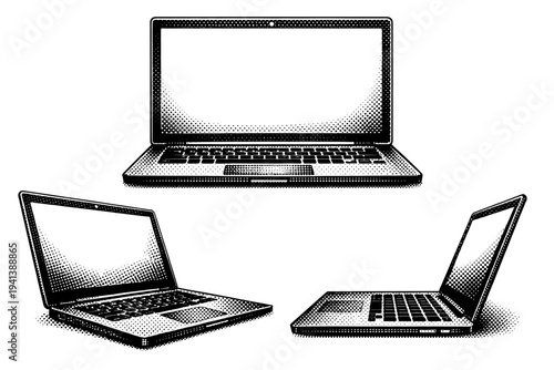 Open laptop represented as a realistic notebook computer with visible screen bezel, keyboard layout, and trackpad, shown as one object. Black and white dot