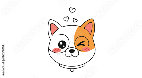 Cute cartoon cat head with one eye winking and pink hearts above its head symbolizing love and affection on a simple white background.