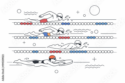 Public swimming pool. People swimming in parallel lanes, clean lines of water creating a graphic pattern. Focus, routine, and sporty energy expressed visually.