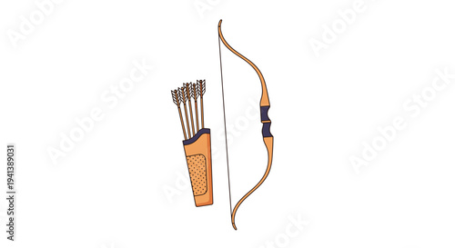Hand-drawn traditional wooden bow and a quiver full of arrows with white feathers on a plain white background for archery enthusiasts.