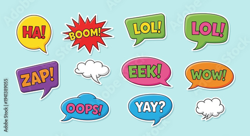 Colorful comic speech bubbles with humorous expressions on light blue background for fun and playful designs