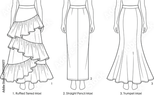Maxi skirt styles illustration vector fashion apparel garment construction design graphics, ruffled pencil trumpet concept, black and white creative art collection