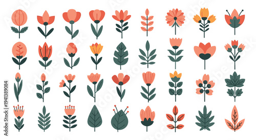 Large set of stylized flat flower and leaf icons in shades of orange and green arranged in a grid on a clean white background for web.
