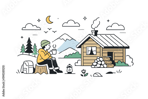 Rustic outdoor life. A person sitting near a wooden cabin with a cup of tea, enjoying quiet nature and fresh air. Calm atmosphere with trees, mountains, and