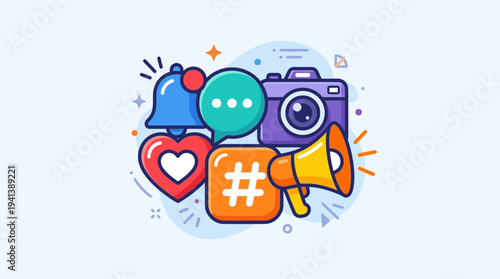 A collection of colorful social media marketing icons including a camera, heart, bell, chat bubble, hashtag, and megaphone isolated on a light blue background.