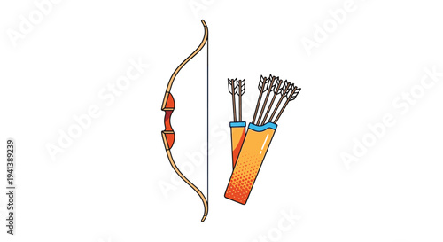 Traditional wooden recurve bow next to a quiver of arrows with white feathers and blue details on a simple white background for sports.