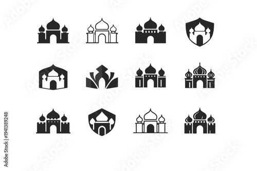 Palace. Icon set. Set Logo of palace: palace gate. harmonious logo variations of the same emblematic concept, each with different artistic interpretation