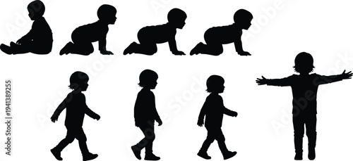Baby and toddler silhouettes showing crawling to walking stages, child growth development vector illustration set
