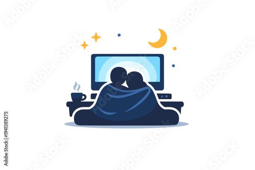 Late night film session showing a darkened living room silhouette with a soft glowing screen and two relaxed figures wrapped in a single blanket, symbolizing