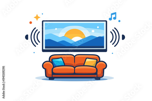 Home cinema atmosphere highlighting a plush sofa facing a large screen with subtle sound wave icons around it, expressing immersive audio visual experience in