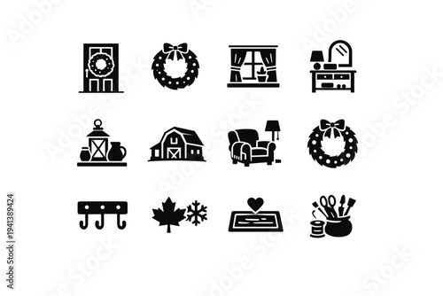 Home Decor Display. Solid icon set of Home Decor Display: front door wreath, wall hanging wreath, window decor, entryway styling, rustic home accent, farmhouse