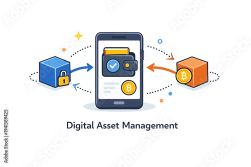 Digital asset management illustrated by a mobile wallet screen connected to simple blockchain nodes and arrows representing smooth transactions. The scene