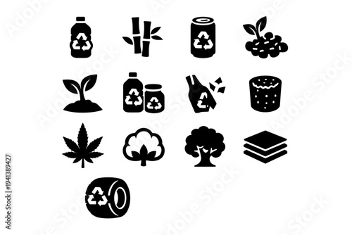 Eco Tech Materials. Solid icon set of Eco Tech Materials: recycled plastic, bamboo material, recycled aluminum, biodegradable polymer, plant based material,