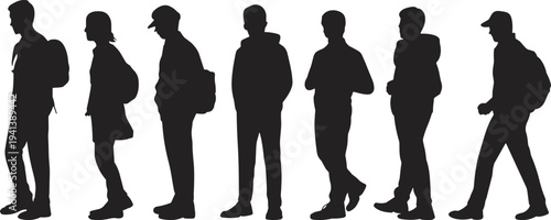 Group of people silhouettes with backpacks and casual clothing standing in line isolated on white background for student community urban walking vector illustration