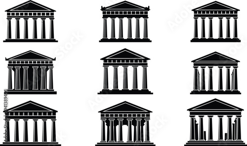 Classic ancient Greek temple silhouettes collection with columns, historic architecture landmark vector illustration set