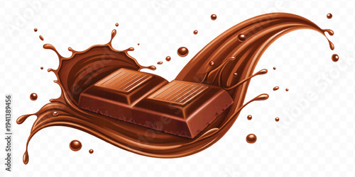 realistic 3d chocolate bar into liquid chocolate splash with bubbles in curve style isolated on transparent background
