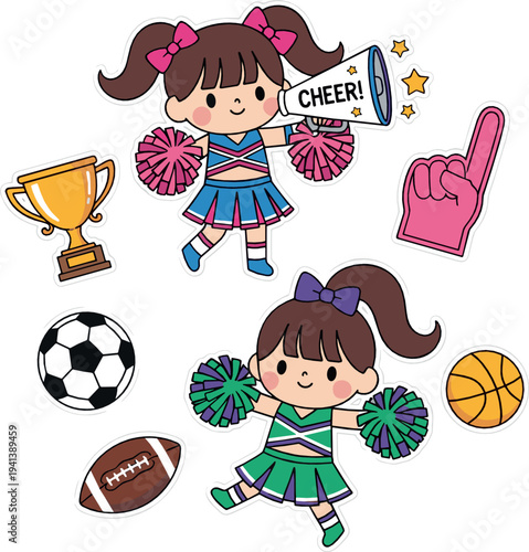 Cute cheerleader girls vector set with pom poms, trophy, foam finger and sports balls cartoon illustration