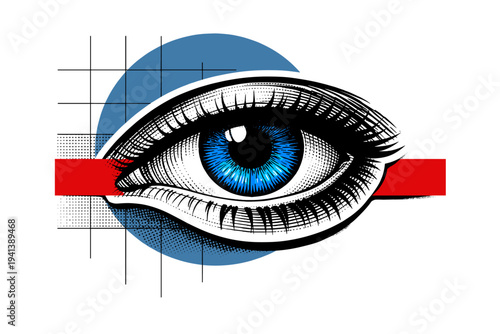 black and white retro engraving style eye close-up with dramatic comic shading, cut-out effect with white outline, bold electric blue iris as the only vivid