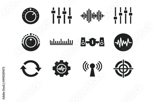 Audio Tuning. Solid icon set of Audio Tuning: adjustment dial, fine tuning slider, sound wave lines, frequency adjustment, precision knob, calibration marks,
