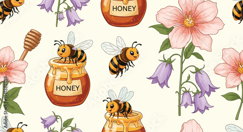 Seamless pattern showing cute bees, jars of golden honey, and pink and purple flowers on a light background for nature and food design.